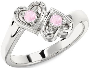 Rose Quartz Silver Heart Two Stone Ring
