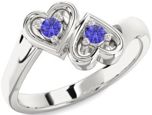 Tanzanite Silver Heart Two Stone Ring