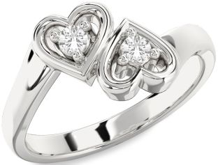 White Sapphire Silver Heart Two Stone Ring