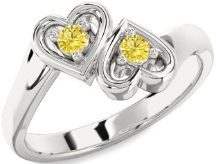 Yellow Diamond Silver Heart Two Stone Ring