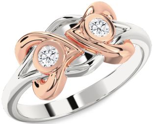 Diamond Silver & 10K Rose Gold Heart Round Two Stone Ring