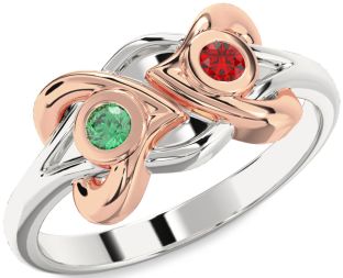 Emerald Platinum & Rose Gold Heart Two Stone Birthstone Ring