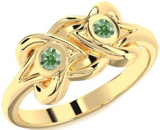 Green Diamond Gold Silver Heart Two Stone Ring