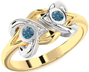 Blue Diamond Gold Silver Heart Two Stone Ring