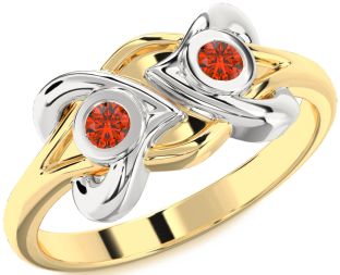 Fire Opal Gold Silver Heart Two Stone Ring