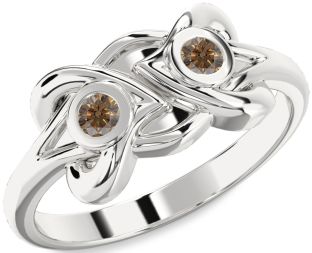 Chocolate Brown Diamond Silver Heart Two Stone Ring