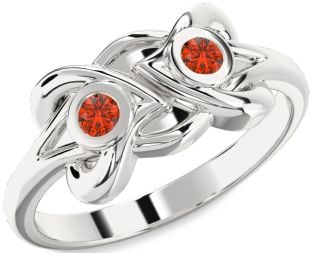 Fire Opal Silver Heart Two Stone Ring