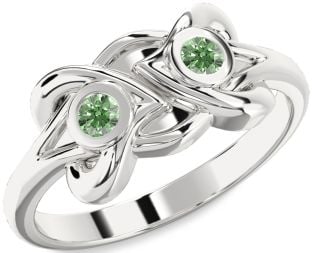Green Diamond Silver Heart Two Stone Ring