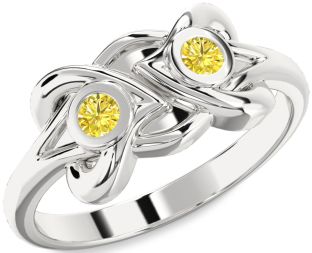 Yellow Diamond Silver Heart Two Stone Ring