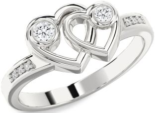 Diamond Silver & 10K Rose Gold Heart Round Two Stone Ring
