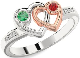 Diamond Emerald Rose Gold Silver Heart Two Stone Birthstone Ring