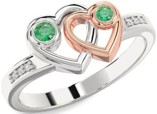 Diamond Emerald Platinum & Rose Gold Heart Two Stone Birthstone Ring