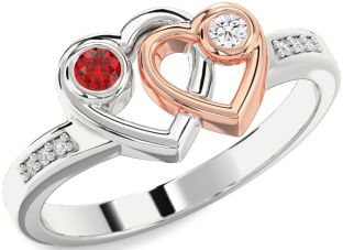 Diamond Emerald Platinum & Rose Gold Heart Two Stone Birthstone Ring