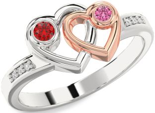 Diamond Silver & 10K Rose Gold Heart Two Stone Promise Ring