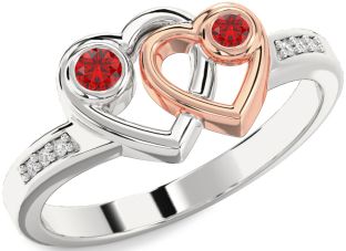 Diamond Emerald Rose Gold Silver Heart Two Stone Birthstone Ring