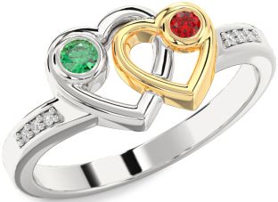 Diamond Emerald Gold Silver Heart Two Stone Birthstone Ring