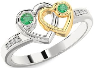 Diamond Emerald Platinum & Yellow Gold Heart Two Stone Birthstone Ring