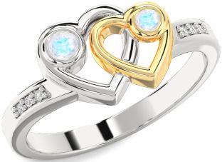 Diamond Moonstone Gold Silver Heart Two Stone Ring