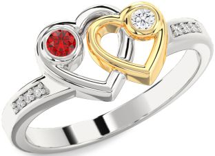 Diamond Emerald Platinum & Yellow Gold Heart Two Stone Birthstone Ring