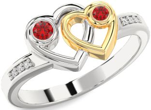 Diamond Emerald Gold Silver Heart Two Stone Birthstone Ring