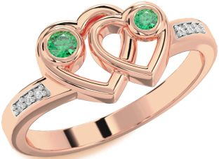 Diamond Emerald Rose Gold Heart Two Stone Birthstone Ring