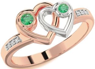 Diamond Emerald Platinum & Rose Gold Heart Two Stone Birthstone Ring