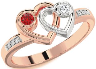 Diamond Emerald Platinum & Rose Gold Heart Two Stone Birthstone Ring