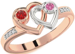 Diamond Rose Gold Silver Heart Two Stone Promise Ring