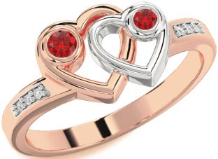 Diamond Emerald Rose Gold Silver Heart Two Stone Birthstone Ring