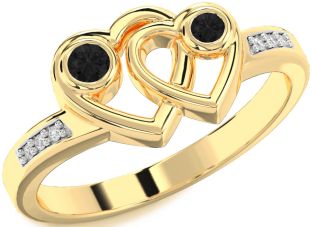 Black Diamond Gold Silver Heart Two Stone Ring