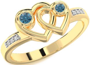 Blue Diamond Gold Silver Heart Two Stone Ring