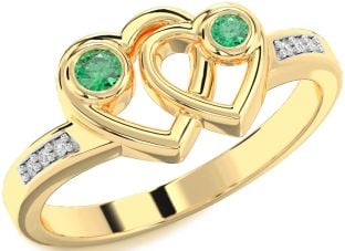 Diamond Emerald Gold Heart Two Stone Birthstone Ring