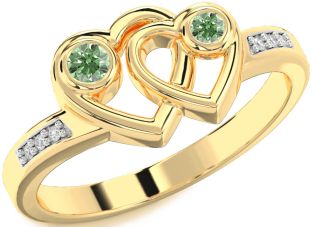Green Diamond Gold Silver Heart Two Stone Ring