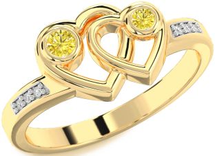 Yellow Diamond Gold Silver Heart Two Stone Ring