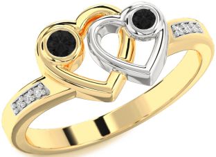 Black Diamond Gold Silver Heart Two Stone Ring