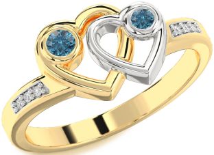 Blue Diamond Gold Silver Heart Two Stone Ring