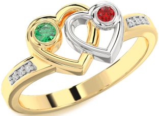 Diamond Emerald Gold Silver Heart Two Stone Birthstone Ring