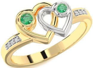 Diamond Emerald Platinum & Yellow Gold Heart Two Stone Birthstone Ring