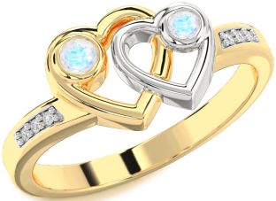 Diamond Moonstone Gold Silver Heart Two Stone Ring