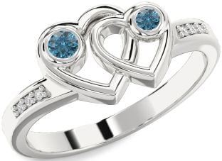 Blue Diamond Silver Heart Two Stone Ring
