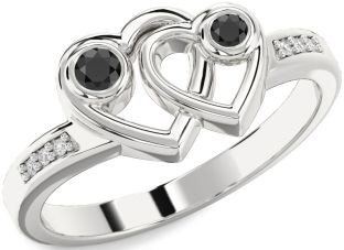 Diamond Black Onyx Silver Heart Two Stone Ring