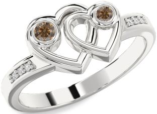 Chocolate Brown Diamond Silver Heart Two Stone Ring
