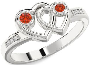 Diamond Fire Opal Silver Heart Two Stone Ring