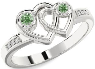 Green Diamond Silver Heart Two Stone Ring