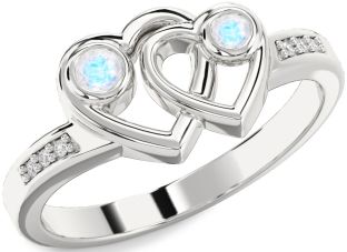 Diamond Moonstone Silver Heart Two Stone Ring