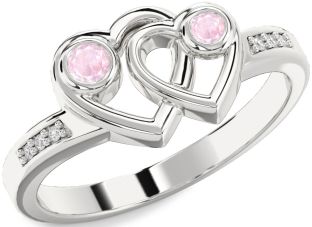 Diamond Rose Quartz Silver Heart Two Stone Ring