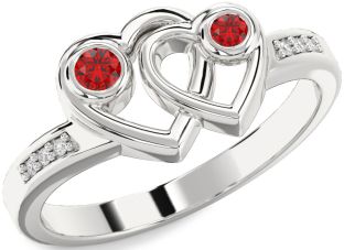 Diamond Emerald Silver Heart Two Stone Birthstone Ring