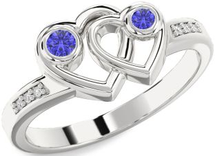 Diamond Tanzanite Silver Heart Two Stone Ring