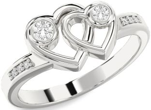 Diamond White Sapphire Silver Heart Two Stone Ring