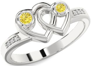 Yellow Diamond Silver Heart Two Stone Ring
